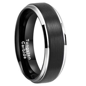 Men's Wedding Band 6mm Black Brushed Silver Edge Stripe - Engagement Rings
